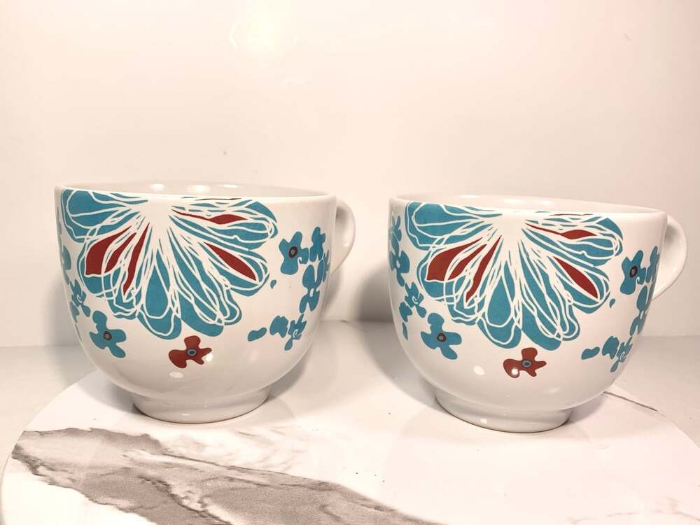 Two IKEA Bullra 15199 Coffee Mugs Cups Large 16oz Turquoise Flowers Stoneware